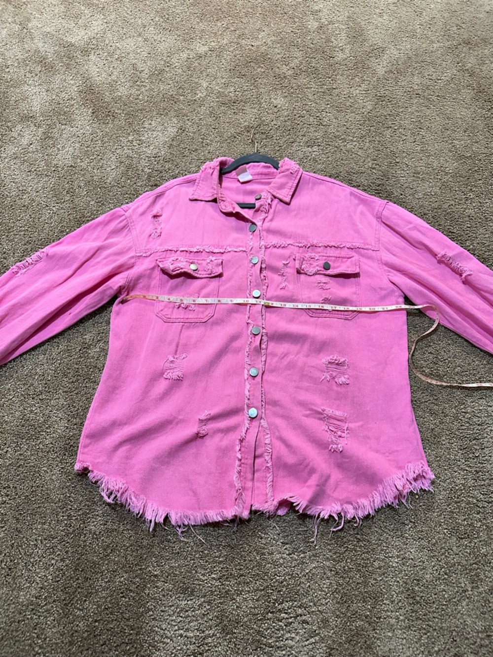 Pink ripped distressed denim casual boyfriend jean jacket fringe size X-Large - Picture 8 of 11
